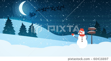 snowman in hat and scarf waving hand in night pine forest santa flying in sleigh with reindeers in bright starry sky happy new year merry christmas greeting card horizontal snowman in hat and scarf waving hand in night pine forest santa flying in sleigh with reindeers in bright starry sky happy new year merry christmas greeting card horizontal 60418897