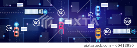 different cars on road traffic 5G online wireless systems connection concept fifth innovative generation of high speed internet city streets with buildings top angle view horizontal 60418950