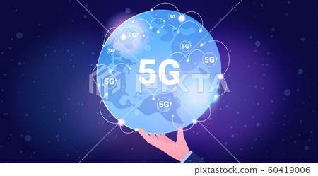 human hand holding globe 5G online communication global network wireless systems connection concept fifth innovative generation of high speed internet world map horizontal 60419006