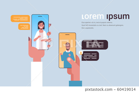 human hands using chatting app social network chat bubble communication concept man woman talking messaging in smartphone screens online mobile application portrait copy space human hands using chatting app social network chat bubble communication concept man woman talking messaging in smartphone screens online mobile application portrait copy space 60419014