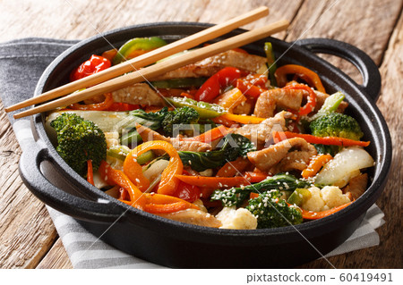Asian style fried pork with broccoli, bok choy, Asian style fried pork with broccoli, bok choy, 60419491