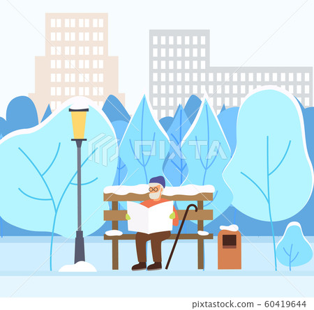 Old Man Reading Newspaper in Winter City Park 60419644