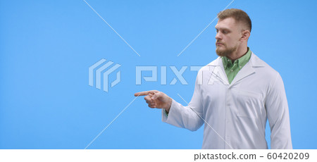 Young scientist pointing right Young scientist pointing right 60420209