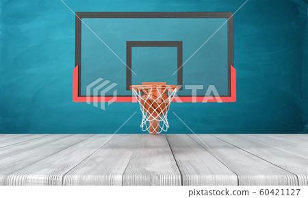 3d rendering of orange basketball ball and basketball hoop on white wooden floor and dark turquoise background 60421127