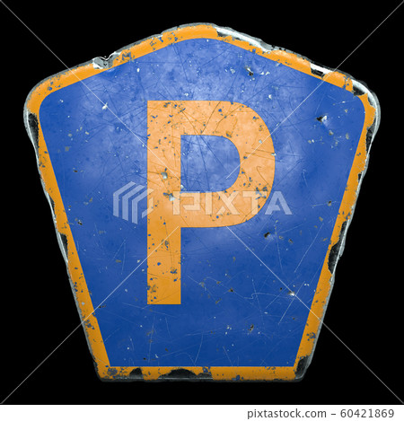 Public road sign in blue and orange color with a capitol letter P in the center isolated black background. 3d 60421869