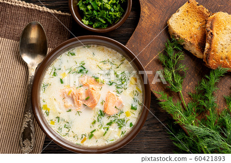 Homemade salmon and leek creamy soup. Homemade salmon and leek creamy soup. 60421893