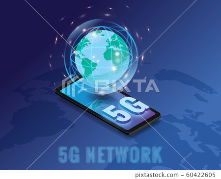 Isometric 5G network wireless technology template. Smartphone with Earth planet. Fifth innovative generation of the global high speed Internet network. Vector concept illustration isolation Isometric 5G network wireless technology template. Smartphone with Earth planet. Fifth innovative generation of the global high speed Internet network. Vector concept illustration isolation 60422605