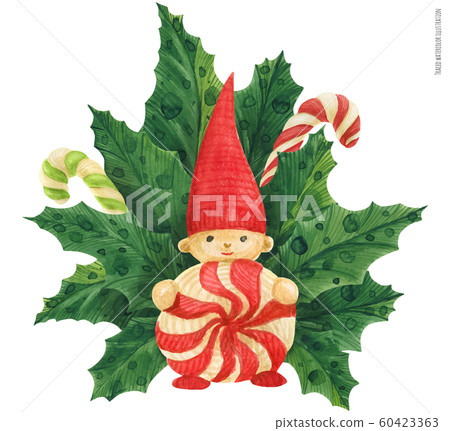 Christmas holly bouquet with red gnome, traced Christmas holly bouquet with red gnome, traced 60423363