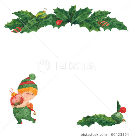 Christmas greeting card with holly and elf with Christmas greeting card with holly and elf with 60423364