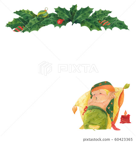 Christmas greeting card with holly and sleeping Christmas greeting card with holly and sleeping 60423365