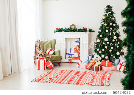 Christmas tree with gifts in the new year decor winter interior Christmas tree with gifts in the new year decor winter interior 60424021
