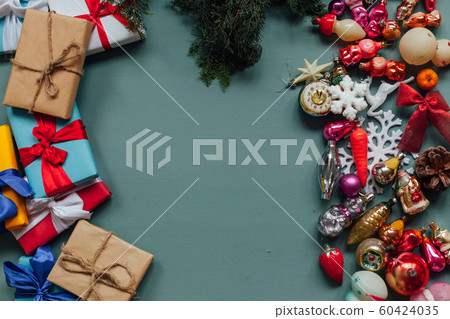 Christmas decoration Christmas tree toys new year gifts holiday green background Christmas decoration Christmas tree toys new year gifts holiday green background 60424035