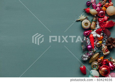 Christmas decoration Christmas tree toys new year gifts holiday green background Christmas decoration Christmas tree toys new year gifts holiday green background 60424036