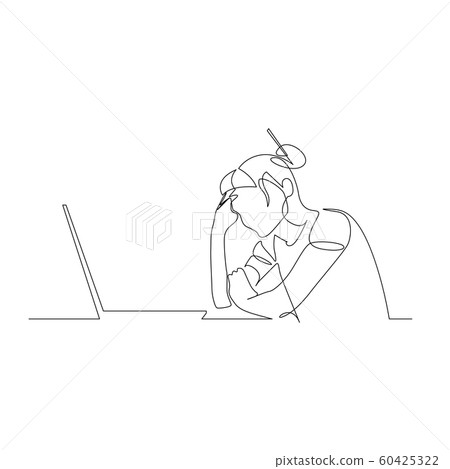 Continuous one line woman sitting in front of laptop propping her head with her hand. Vector illustration. 60425322