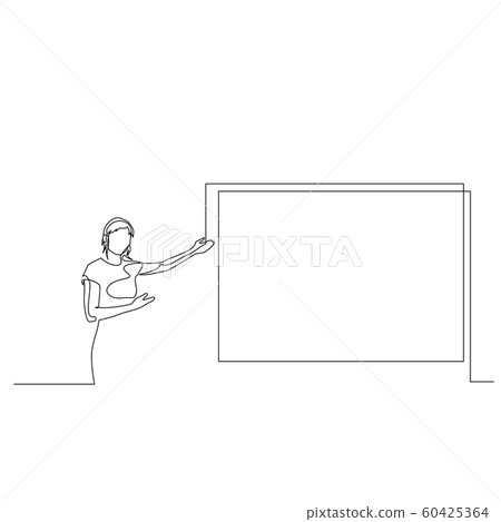 Continuous one line woman points to the screen copyspace tells the presentation. Vector illustration. Continuous one line woman points to the screen copyspace tells the presentation. Vector illustration. 60425364