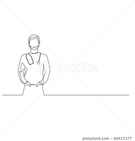 Continuous one line doctor man with phonendoscope hold hands in pockets. Vector illustration. Continuous one line doctor man with phonendoscope hold hands in pockets. Vector illustration. 60425377