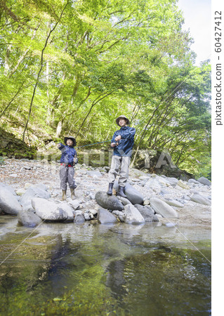 Mountain stream fishing image Parent and child family Mountain stream fishing image Parent and child family 60427412