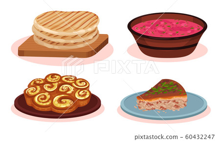 Bulgarian Cuisine National Food Dishes Collection, Grilled Wheat Cakes, Agneshko Stuffed Pie, Banitsa Twisted Pie, Red Beet Soup Vector Illustration 60432247