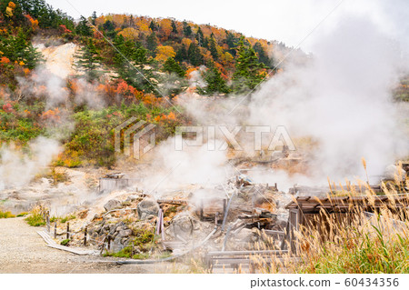Natural landscape of Fuke no Yu in autumn with white steam emerge from the ground Natural landscape of Fuke no Yu in autumn with white steam emerge from the ground 60434356