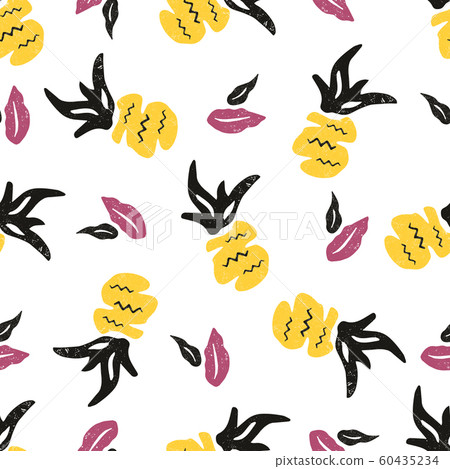 Textured seamless pattern with pineapples and leaves. Textured seamless pattern with pineapples and leaves. 60435234