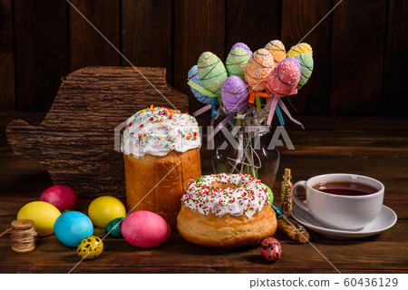 Easter cake and colorful eggs on a dark background 60436129
