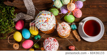 Easter cake and colorful eggs on a dark background 60436133