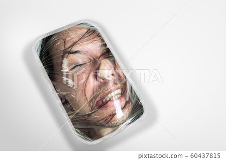 Human head as a goods in plastic box isolated on white background, ecology concept Human head as a goods in plastic box isolated on white background, ecology concept 60437815