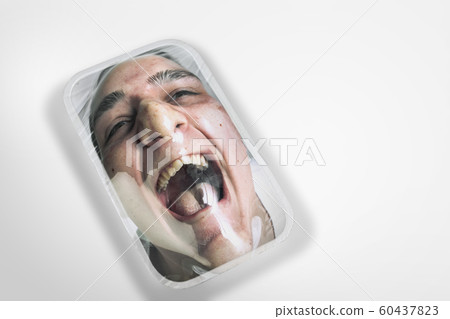 Human head as a goods in plastic box isolated on white background, ecology concept 60437823
