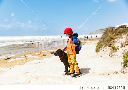 The boy stands with a dog at the seashore near the Scala dei Turchi in Sicilia 60439226