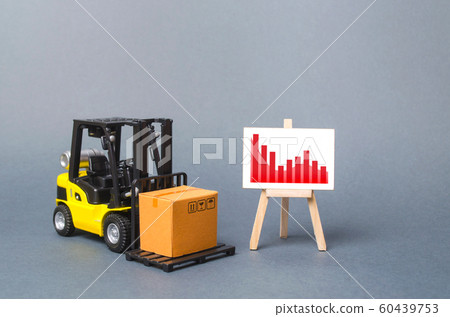 Forklift truck carries a cardboard box near a stand with a Negative red trend chart. decline in the production of goods and products, the economic downturn and recession. Falling consumer demand, 60439753