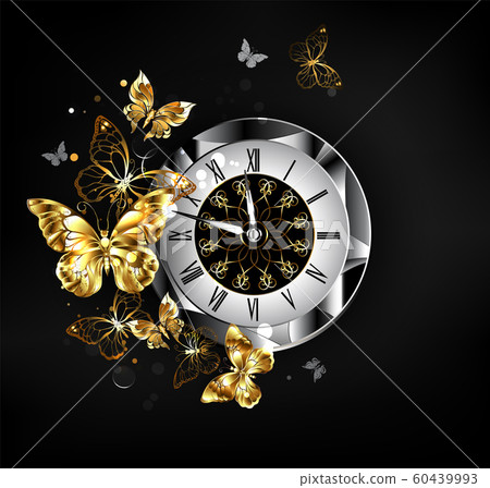 Antique clock with golden butterflies 60439993