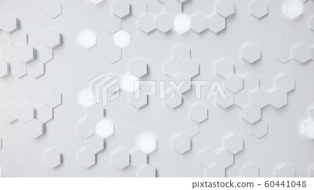 White geometric hexagonal abstract background. Surface polygon pattern with glowing hexagons, honeycomb. Abstract white self-luminous hexagons. Futuristic abstract background 3D Illustration 60441048