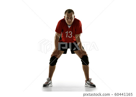 Young caucasian volleyball player placticing isolated on white background Young caucasian volleyball player placticing isolated on white background 60441165