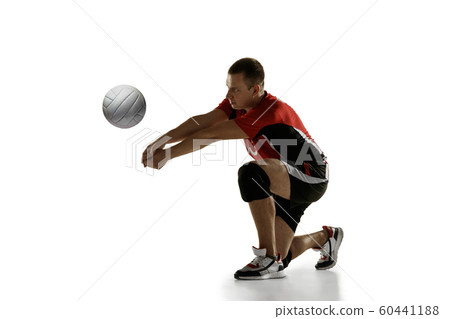 Young caucasian volleyball player placticing isolated on white background 60441188