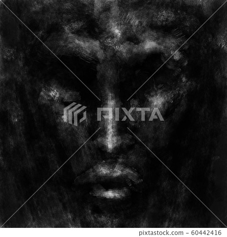 Black frightening face of a man looking forward. Black frightening face of a man looking forward. 60442416