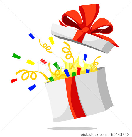Open gift box flies in the air, confetti flies out Open gift box flies in the air, confetti flies out 60443790