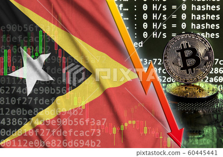 Timor Leste flag and falling red arrow on bitcoin Timor Leste flag and falling red arrow on bitcoin 60445441