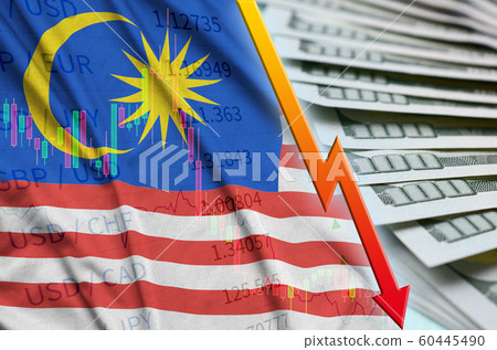 Malaysia flag and chart falling US dollar position 60445490
