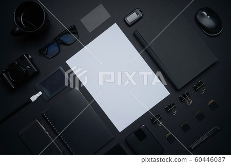 Top view and flat lay of the table art creative graphic designer . Black and white still life concept . 60446087