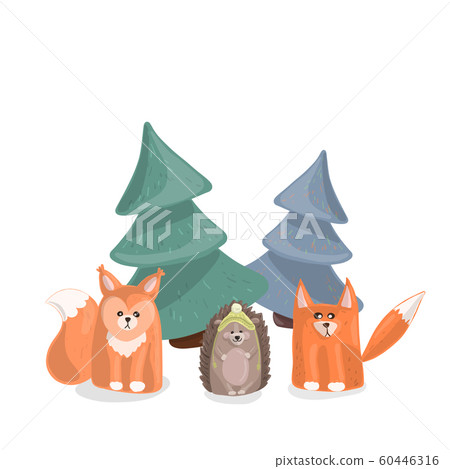 Forest inhabitants under the Christmas trees on a white background. 60446316