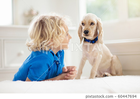 Child playing with dog. Kids play with puppy. Child playing with dog. Kids play with puppy. 60447694