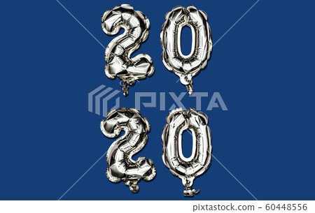 Classic Blue Happy New Year 2020. Vertical composition of number 2020 silver foil balloons on trendy Classic Blue Happy New Year 2020. Vertical composition of number 2020 silver foil balloons on trendy 60448556