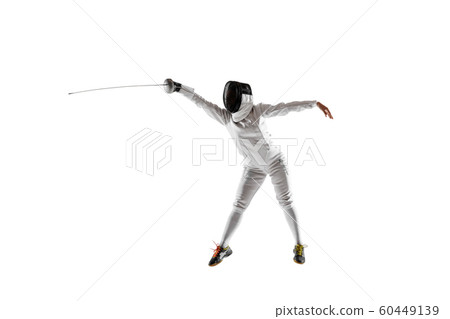 Teen girl in fencing costume with sword in hand isolated on white background 60449139