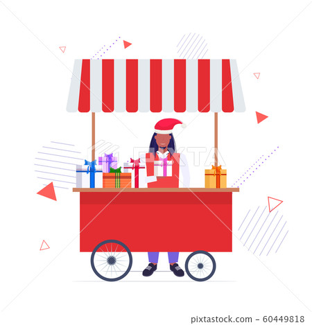 african american man in santa hat selling present boxes christmas market fair concept stall with wrapped gifts happy hew year merry xmas winter holidays full length sketch 60449818