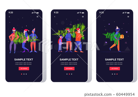 people carrying freshly cut down christmas tree winter holidays celebration concept smartphone screens set online mobile app horizontal full length 60449954