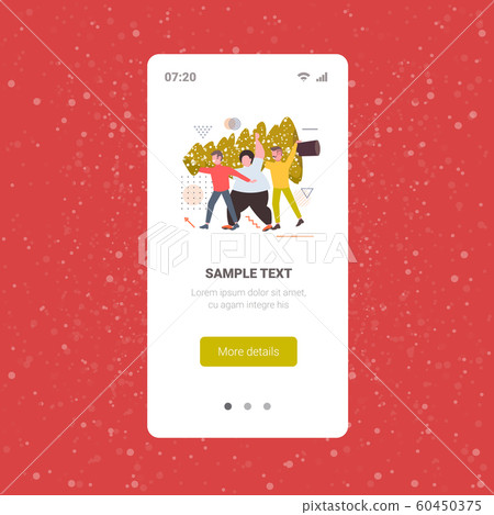 men carrying freshly cut down christmas tree winter holidays celebration concept guys holding fir tree smartphone screen online mobile app full length men carrying freshly cut down christmas tree winter holidays celebration concept guys holding fir tree smartphone screen online mobile app full length 60450375