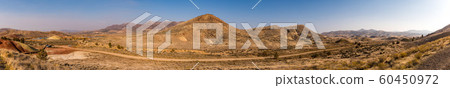 Panoramic view of the wavy, arid and colorful landscape of Painted Hills 60450972