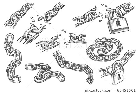 Sketches of chain links and lock, bond and padlock 60451501