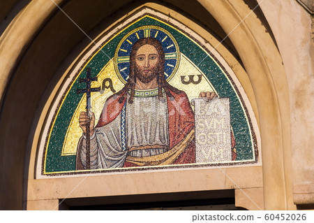 Jesus Christ holding book with Latin inscription Ego Sum Ostium meaning I am the gate, Emmaus monastery Na Slovanech, Prague Jesus Christ holding book with Latin inscription Ego Sum Ostium meaning I am the gate, Emmaus monastery Na Slovanech, Prague 60452026
