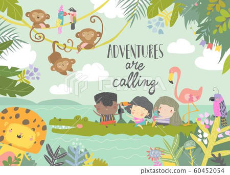 Cute cartoon kids travelling with animals. Adventures are calling 60452054